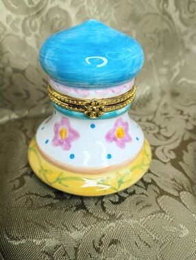 Hand-Painted Floral Trinket Box with Gold Accent